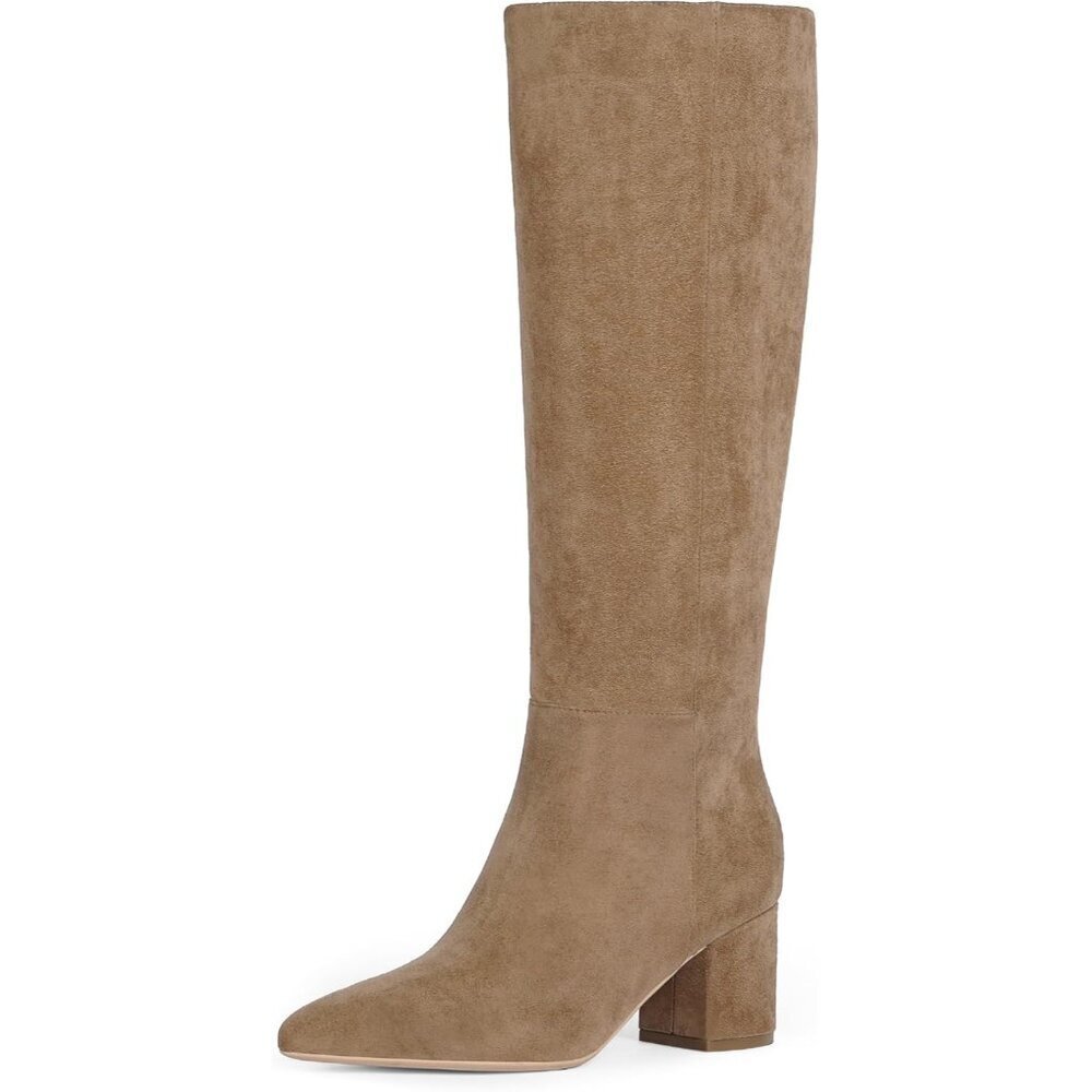 Women's Suede Camel Chunky Heel Knee High Pointed Toe Side Zipper Long Boots
